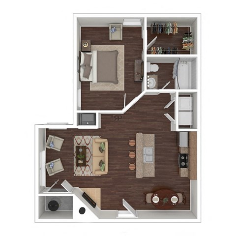 Floor plan for 1 bed, 1 bath, 743 sqft